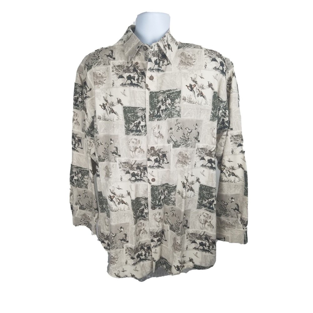 Woods & Water Duck Hunting Bird Beagle Dog Print Button Long Sleeve Shirt Sz XL